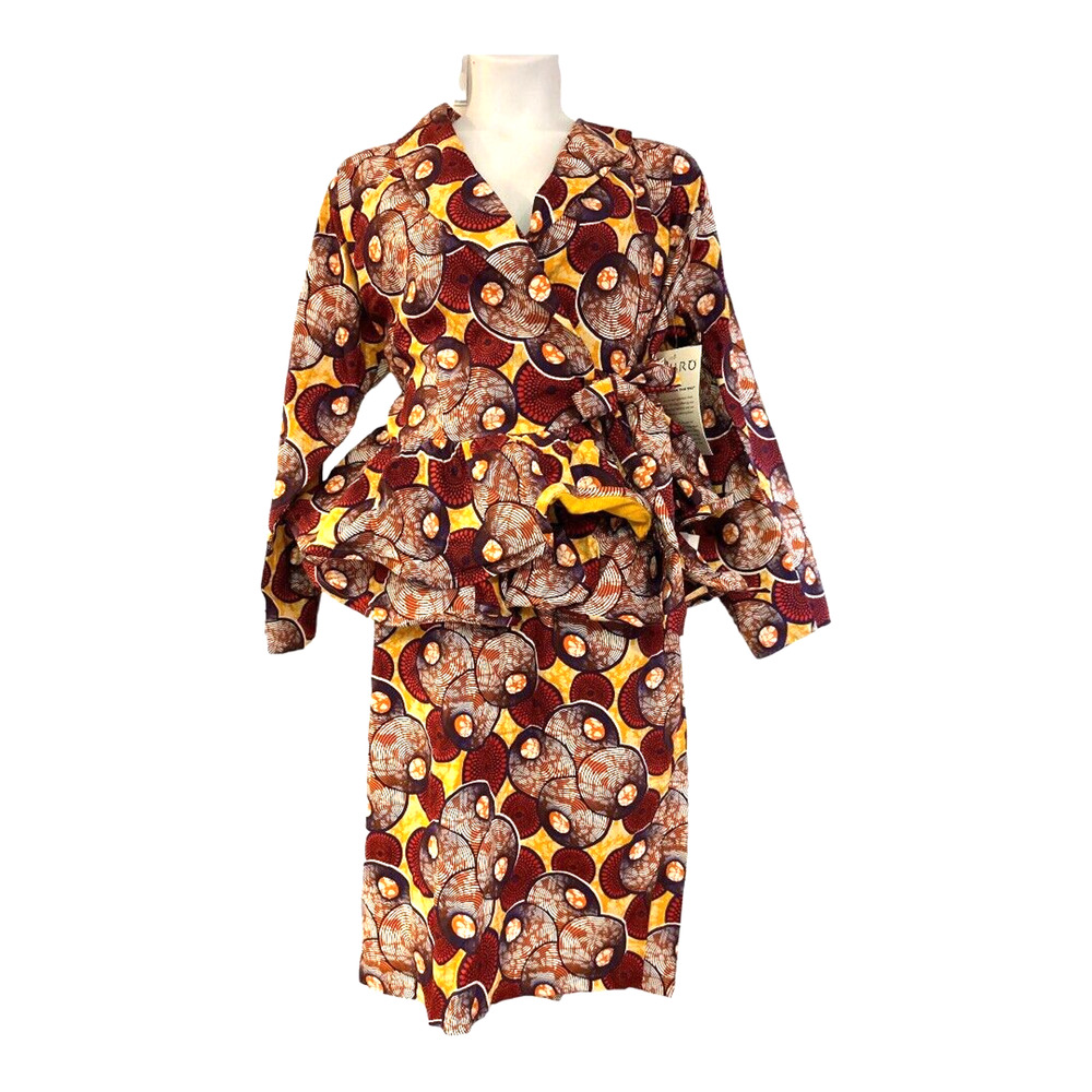 Ashro 100% Cotton African Print Double Peplum Wrap Ruffle Skirt Set Church Suit - Picture 3 of 16